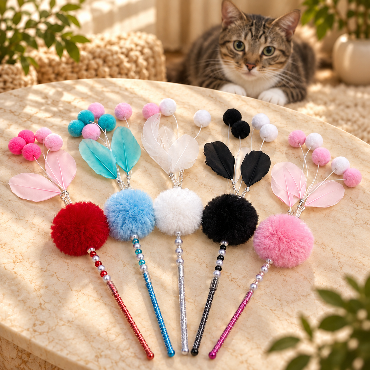 Interactive Feather Cat Wand – Pastel Pom Pom & Bell Toy