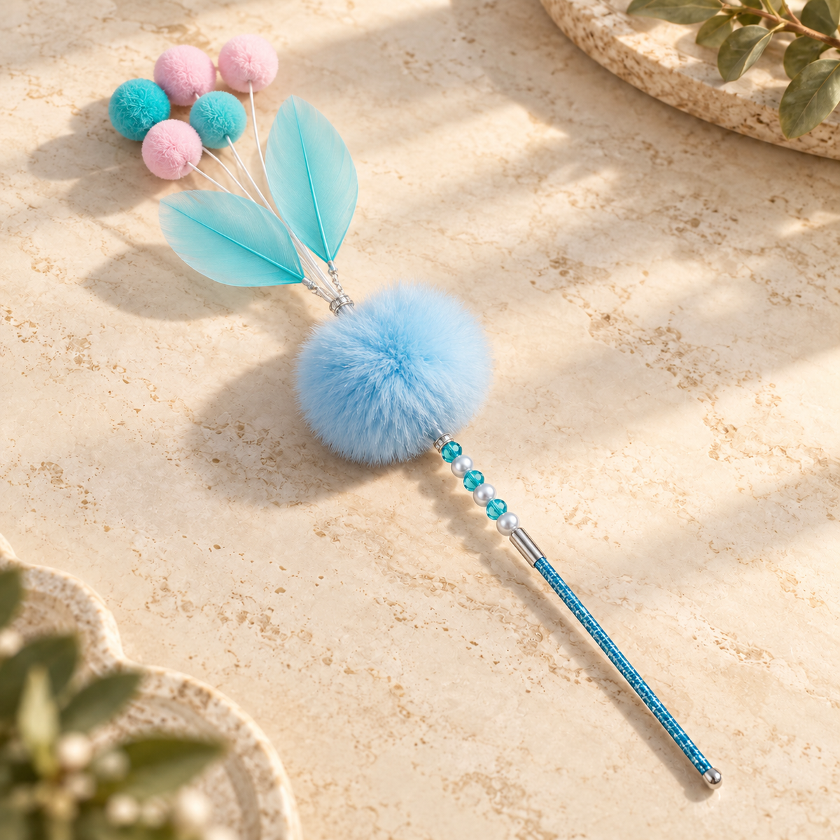 Interactive Feather Cat Wand – Pastel Pom Pom & Bell Toy