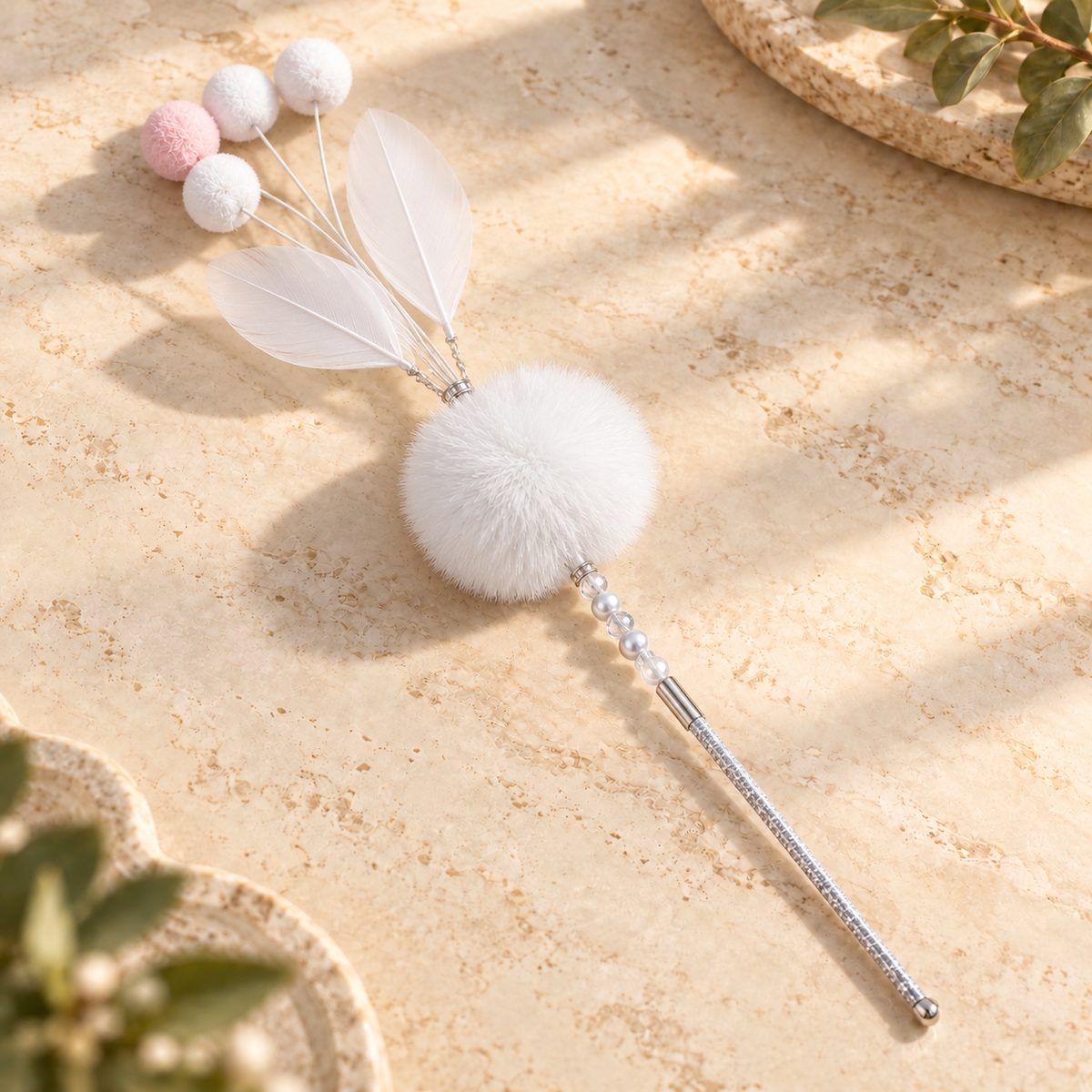 Interactive Feather Cat Wand – Pastel Pom Pom & Bell Toy