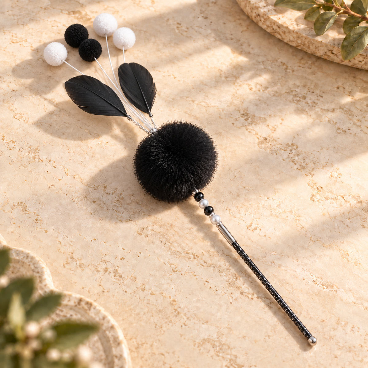Interactive Feather Cat Wand – Pastel Pom Pom & Bell Toy