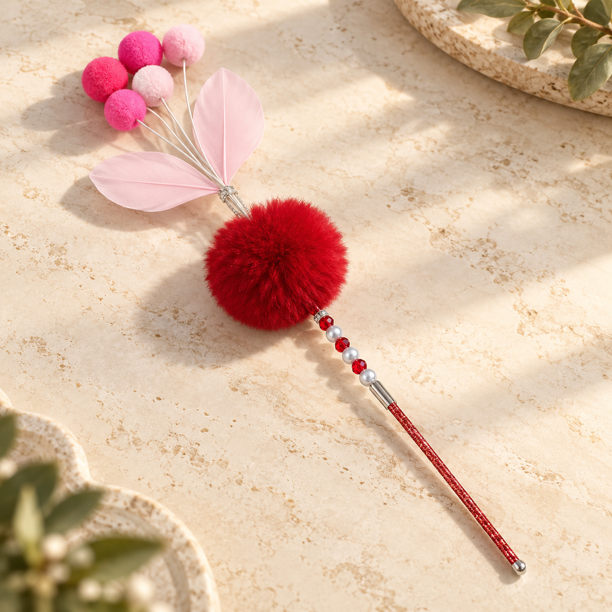 Interactive Feather Cat Wand – Pastel Pom Pom & Bell Toy