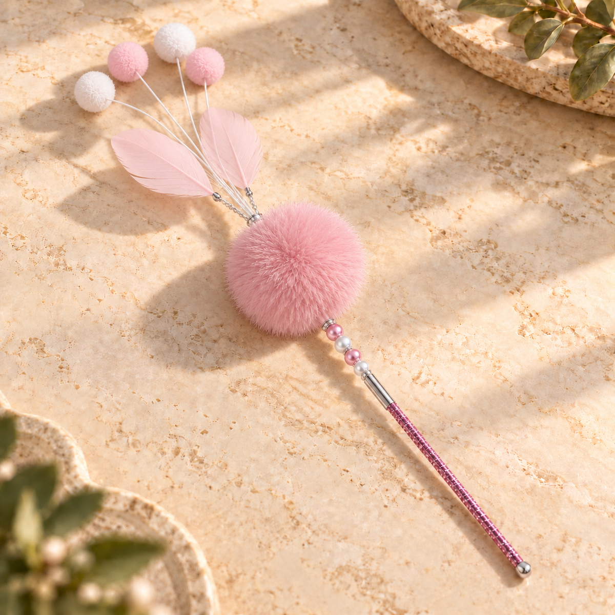 Interactive Feather Cat Wand – Pastel Pom Pom & Bell Toy